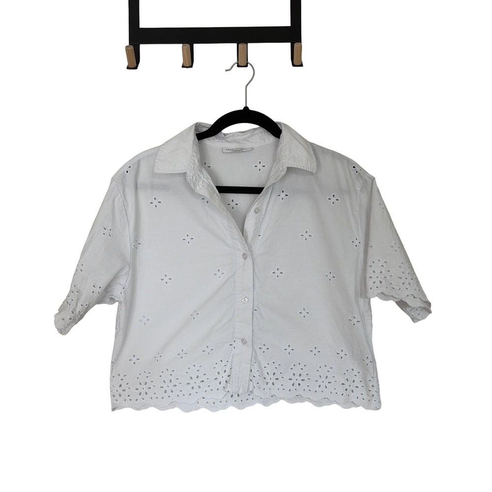 Free assembly cropped white eyelet button‎ down top